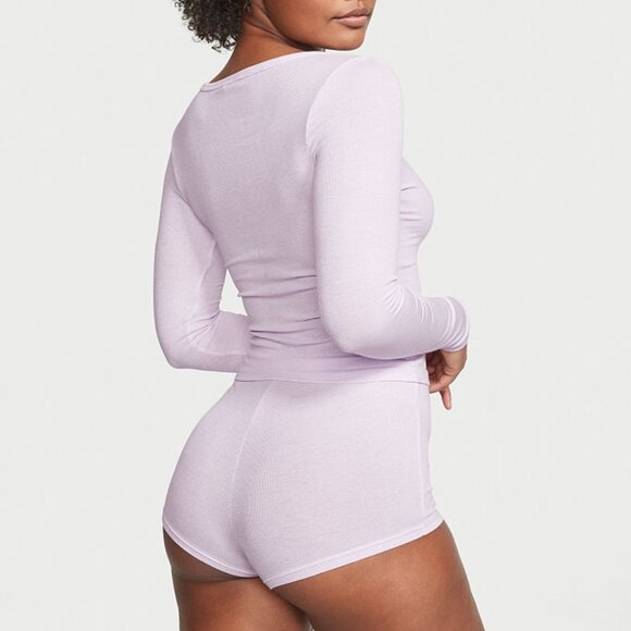 VICTORIA'S SECRET L Ribbed Modal Henley Short Pajama Set Purple So Comfy NWT - Picture 2 of 12